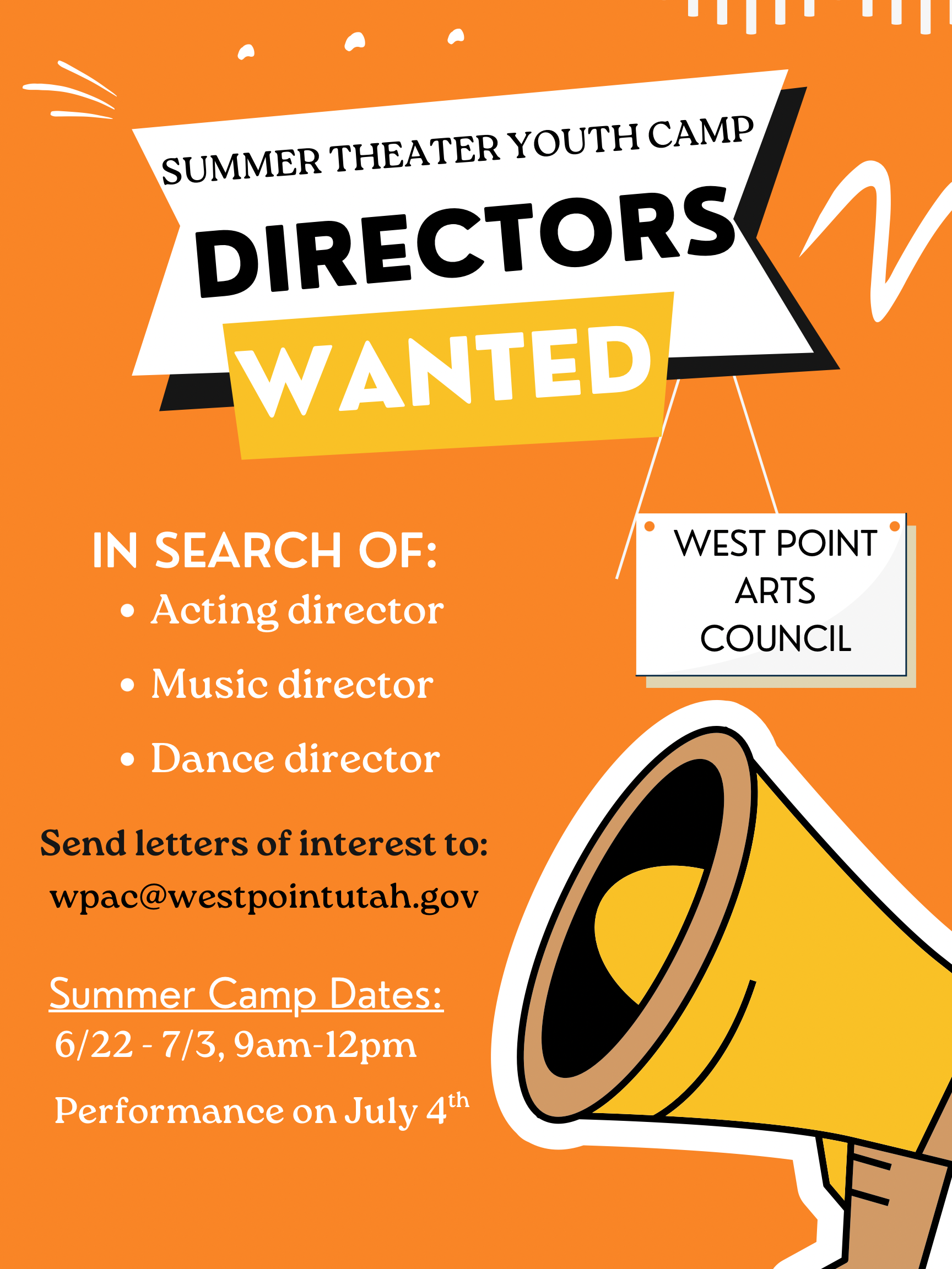 WPAC Theater Directors Wanted Flier 2026